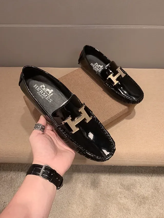 Hermès Constance Mocassin Noir Doré Cuir Patenté Boucle Métallique 'H' 4