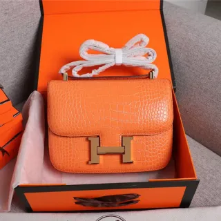 Hermès Constance 橙白鳄鱼压纹皮革 H形金属扣手提包
