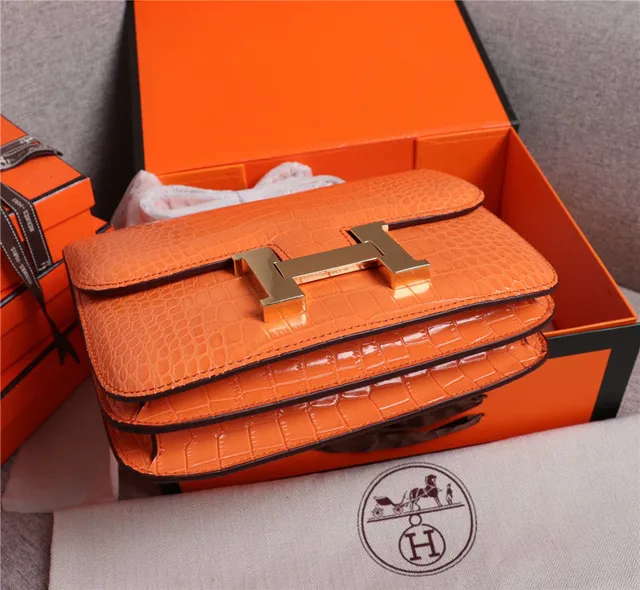 Hermès Constance Couro de Crocodilo Embossado Laranja Branco Fecho Metálico em Forma de H Bolsa 7
