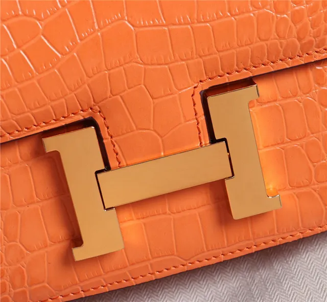 Hermès Constance Couro de Crocodilo Embossado Laranja Branco Fecho Metálico em Forma de H Bolsa 8