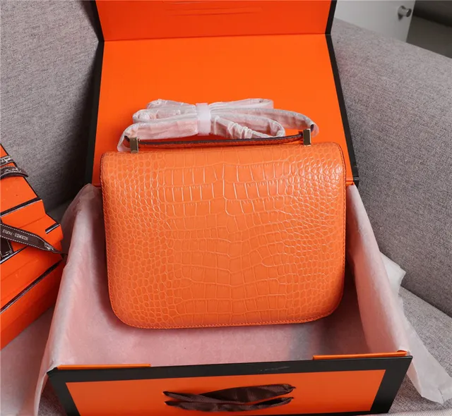 Hermès Constance Couro de Crocodilo Embossado Laranja Branco Fecho Metálico em Forma de H Bolsa 9