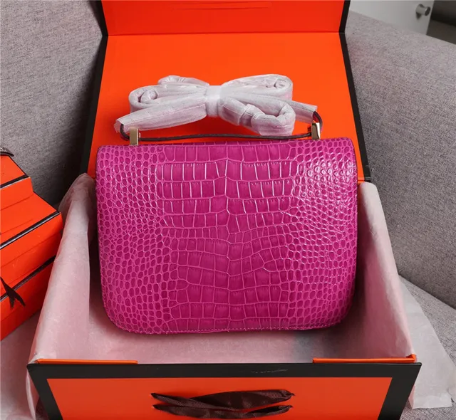 Hermès Constance Couro de Crocodilo Embossado Laranja Branco Fecho Metálico em Forma de H Bolsa 14