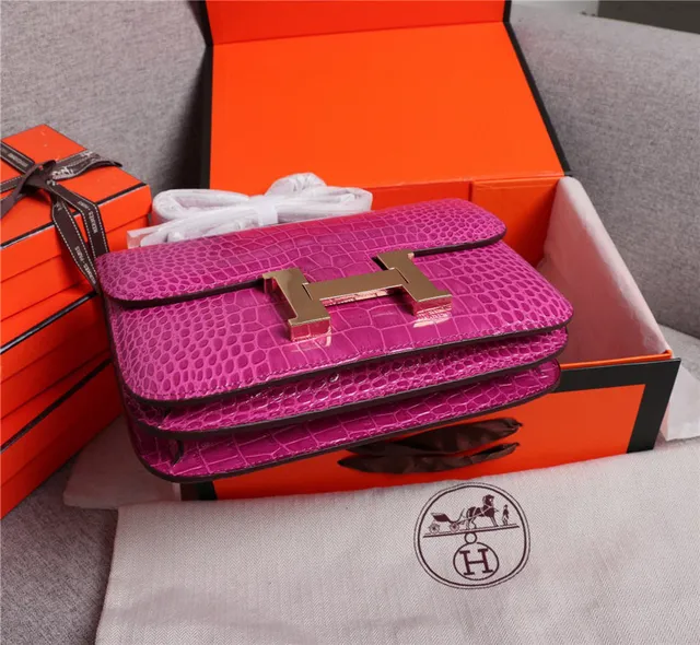 Hermès Constance Couro de Crocodilo Embossado Laranja Branco Fecho Metálico em Forma de H Bolsa 17