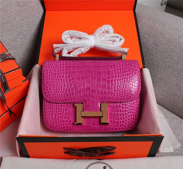Hermès Constance Couro de Crocodilo Embossado Laranja Branco Fecho Metálico em Forma de H Bolsa 18