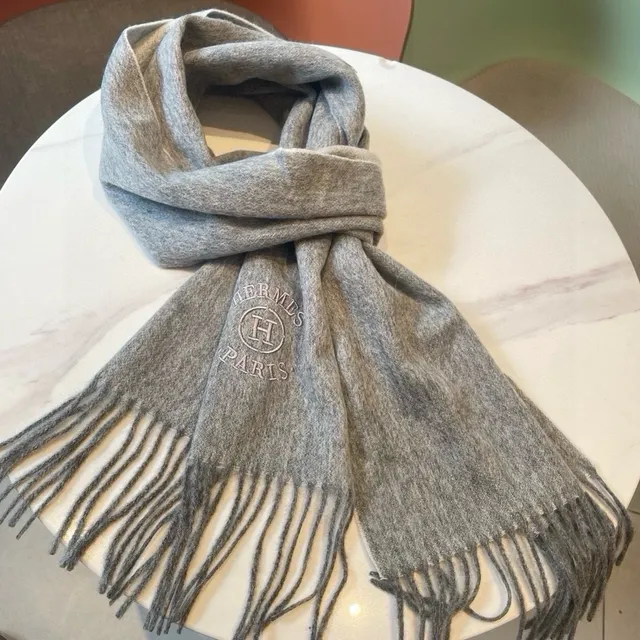 Hermès Embroidered Logo Heather Gray Cashmere Scarf 3