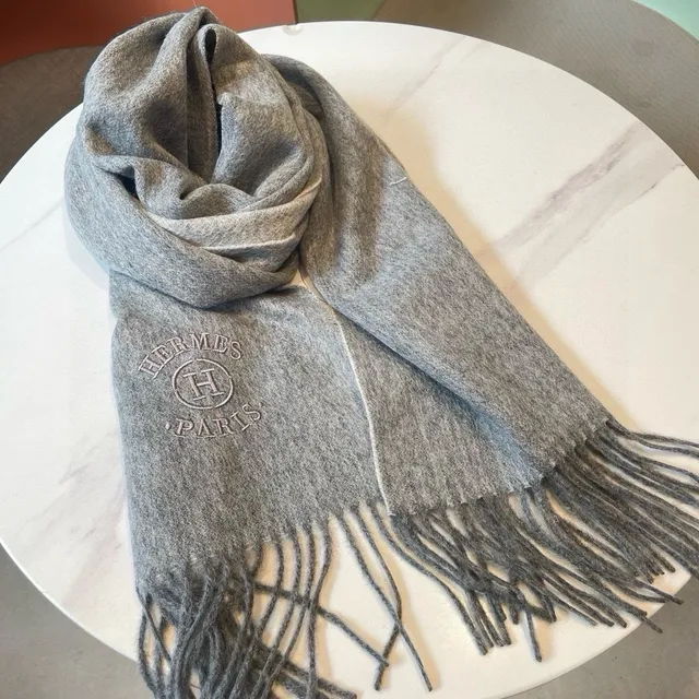 Hermès Embroidered Logo Heather Gray Cashmere Scarf 5