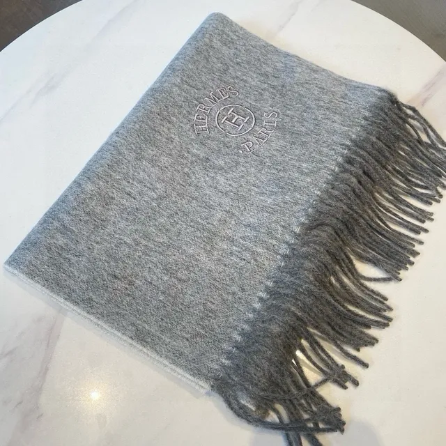 Hermès Embroidered Logo Heather Gray Cashmere Scarf 7
