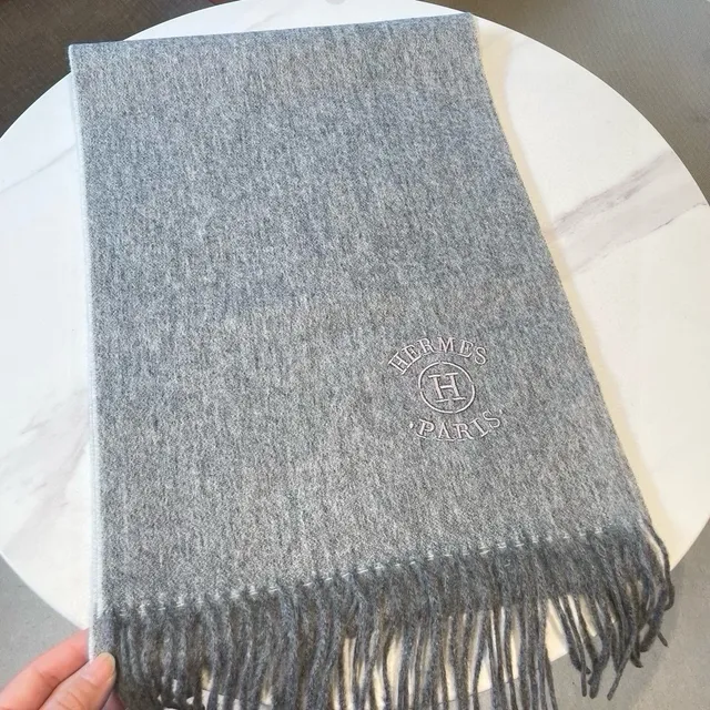 Hermès Embroidered Logo Heather Gray Cashmere Scarf 8