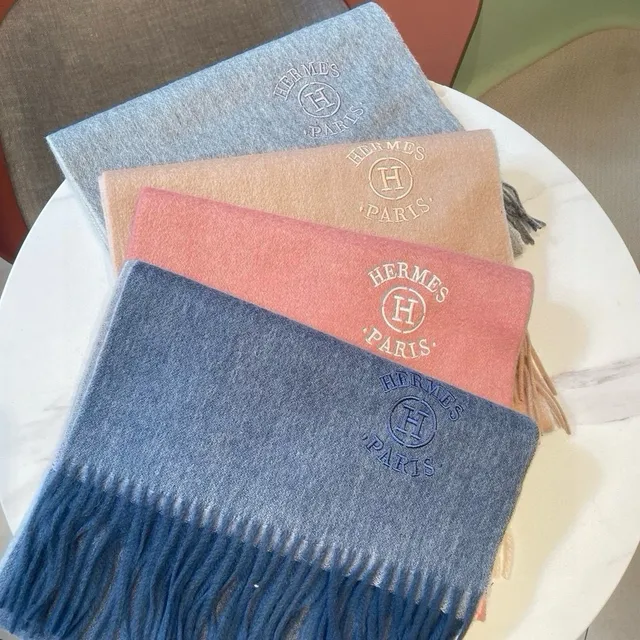 Hermès Embroidered Logo Heather Gray Cashmere Scarf 9