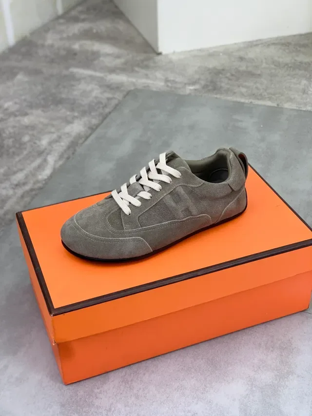 Hermès Gray Beige Suede Upper Flat Woven Laces Sneakers 4