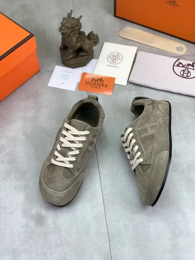 Hermès Gray Beige Suede Upper Flat Woven Laces Sneakers 5