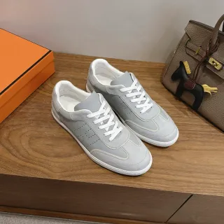 Hermès Gray White Low-Top Suede-and-Mesh Panelled Lifestyle Sneakers