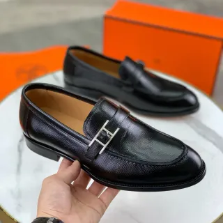 Hermès H Buckle Mocasines Negros Cuero Texturizado