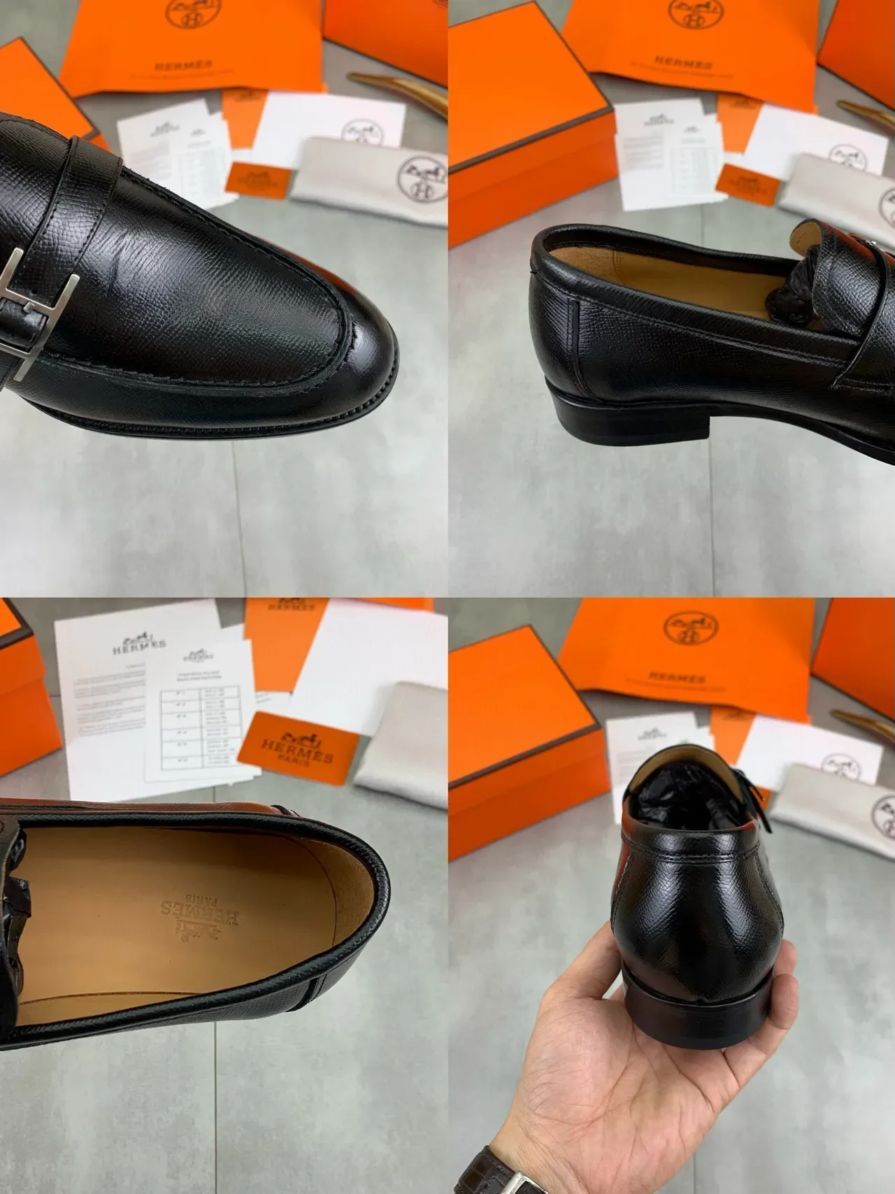 Hermès H Buckle Mocassins Noirs Cuir Texturé 2