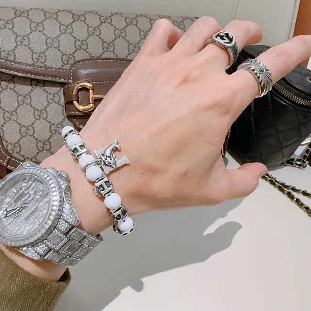 Hermès H-Charms White Silver Beaded Motif Bracelet 5