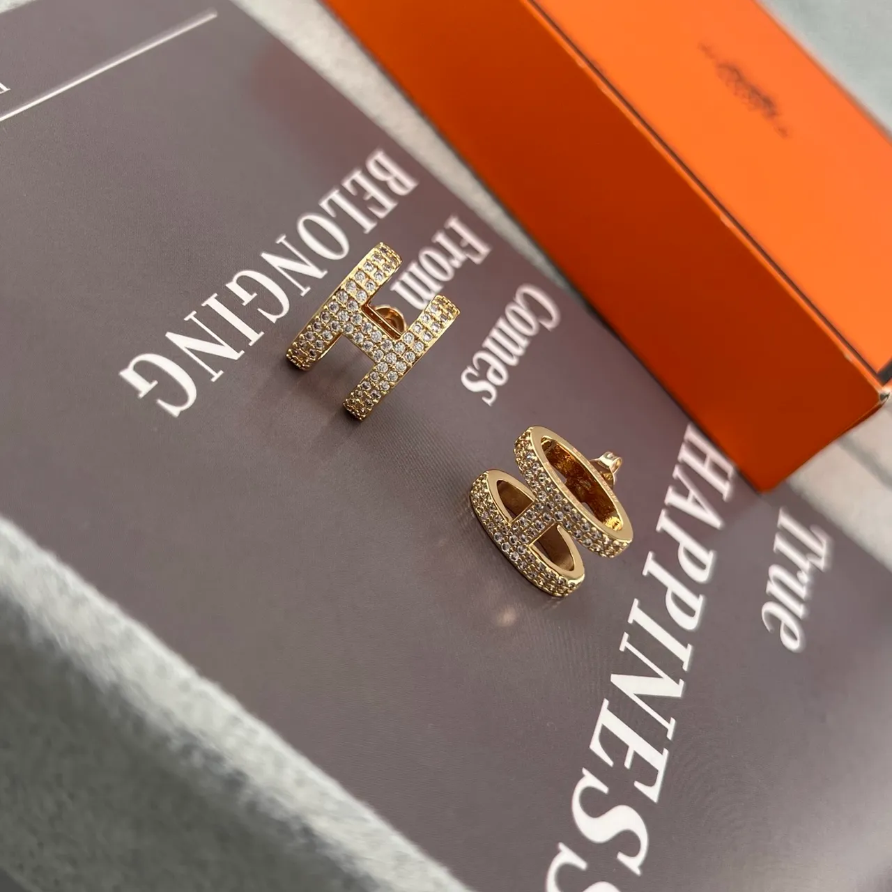 Hermès H Hoop Gold Silver Pavé Crystal Earrings 3