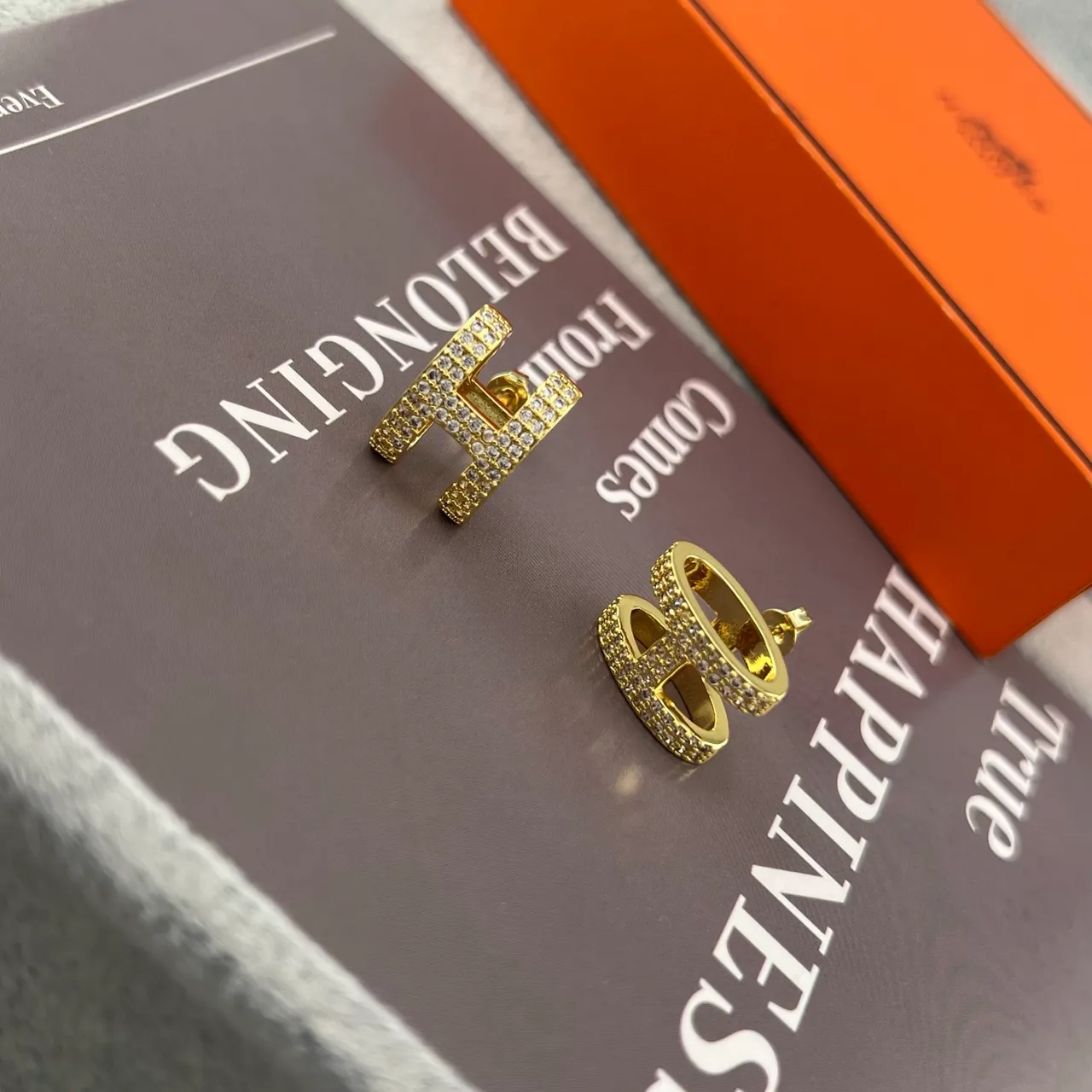 Hermès H Hoop Gold Silver Pavé Crystal Earrings 5