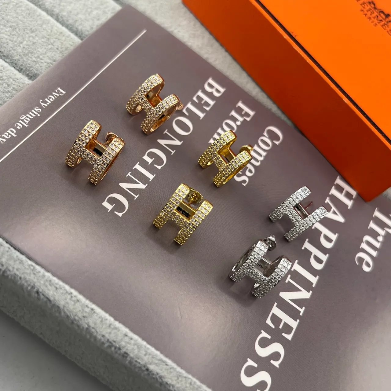 Hermès H Hoop Gold Silver Pavé Crystal Earrings 6