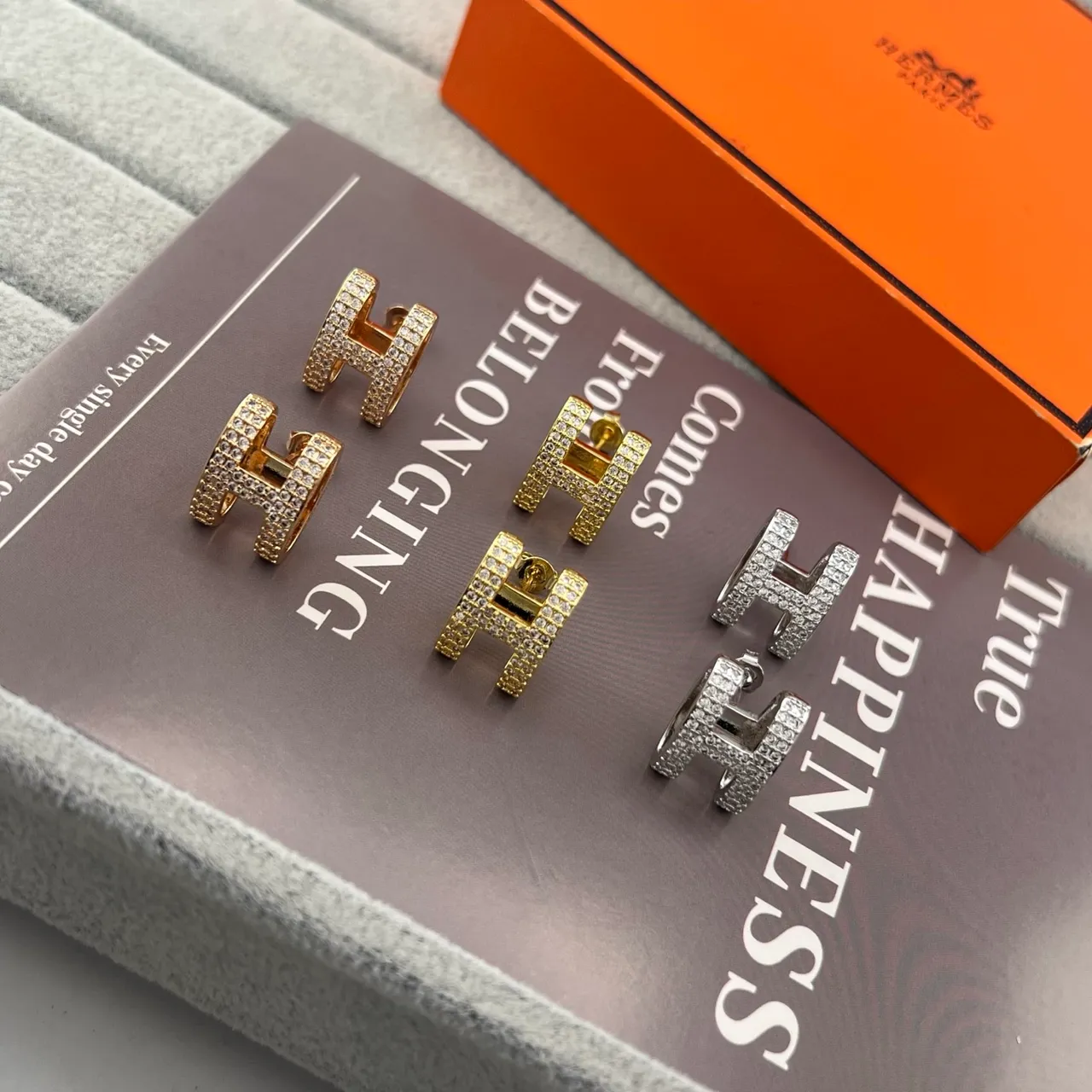 Hermès H Hoop Gold Silver Pavé Crystal Earrings 7