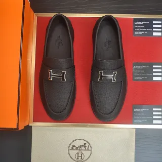 Hermès H Loafer Black Pebbled Leather Metal Buckle Loafers