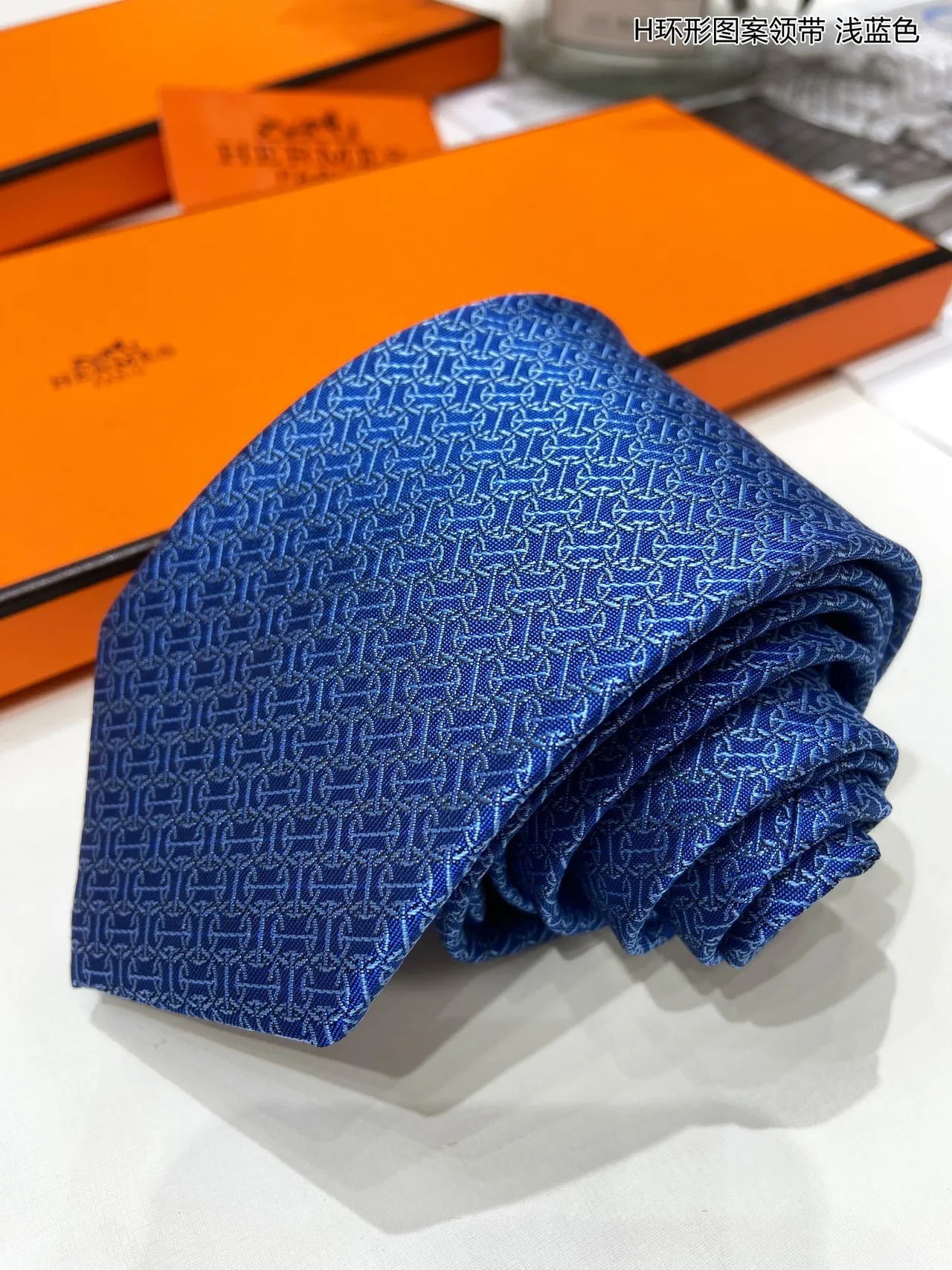 Hermès H Motif Azul Preto Jacquard Weave Light Base Gravata 5