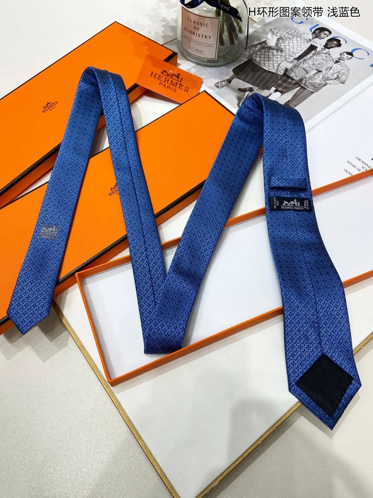 Hermès H Motif Azul Preto Jacquard Weave Light Base Gravata 8