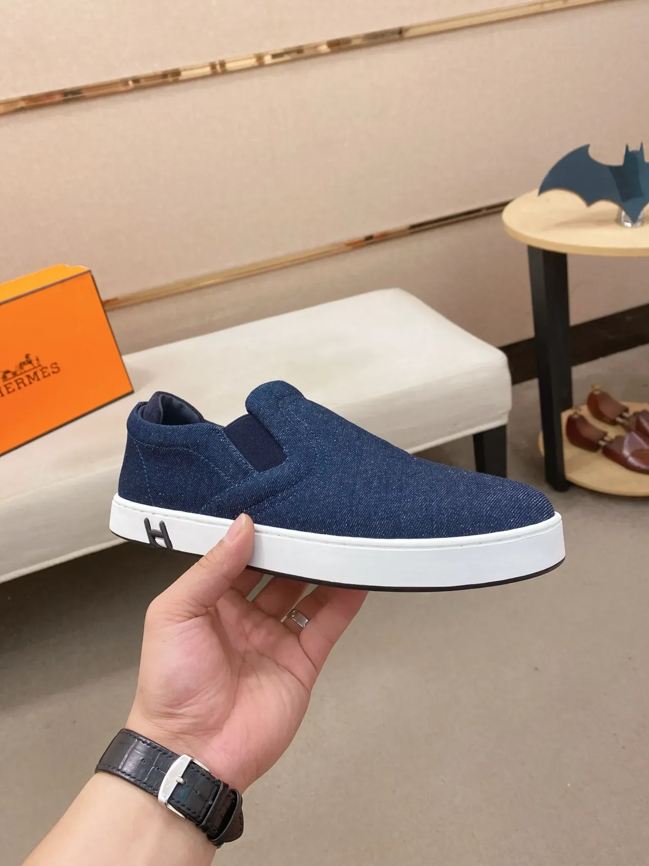 Hermès H Slip-On Sneaker Navy Blue Denim Lifestyle Sneaker 4