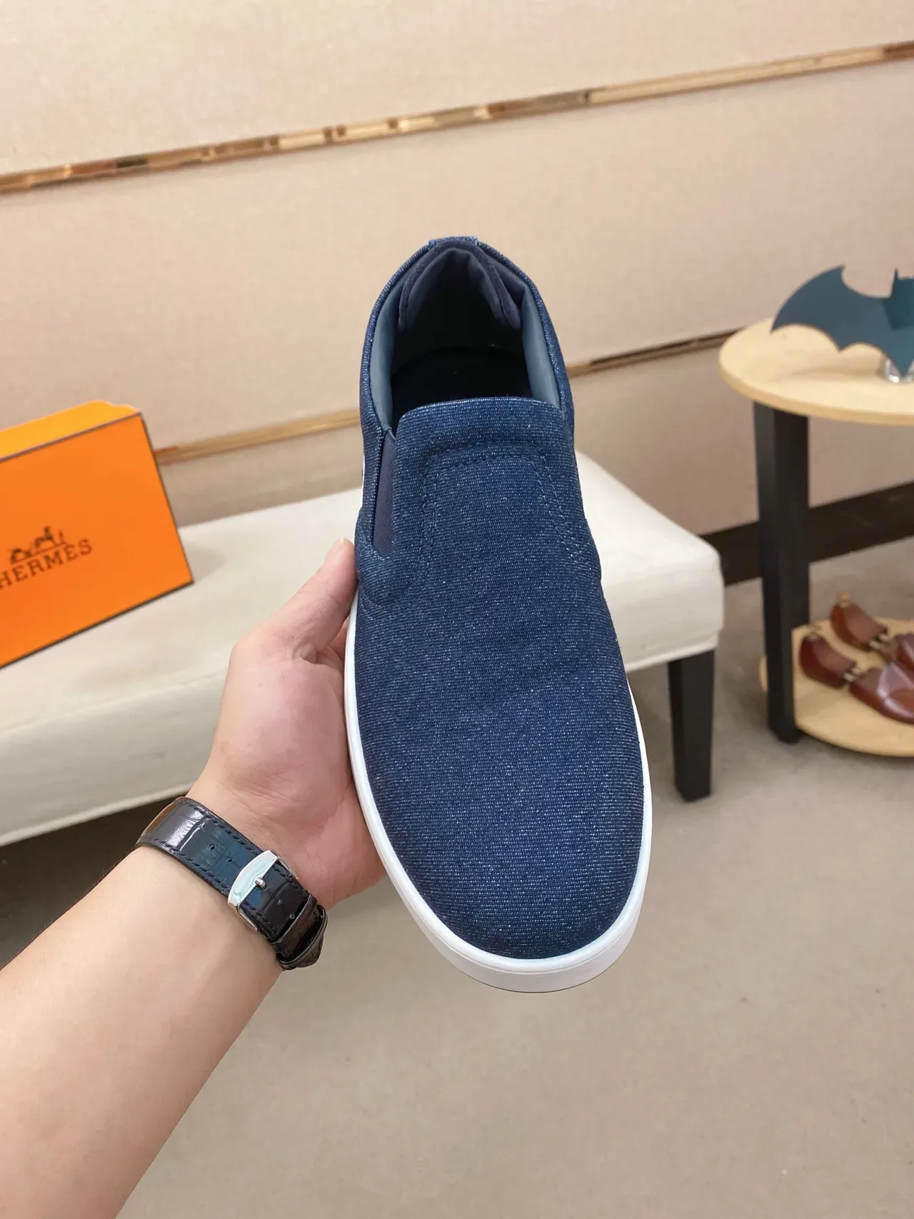 Hermès H Slip-On Sneaker Navy Blue Denim Lifestyle Sneaker 5