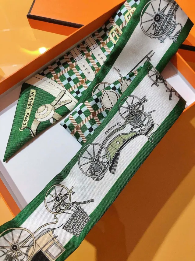 Hermès Les Voitures Nouvelles Twilly écharpe de soie verte imprimée 5