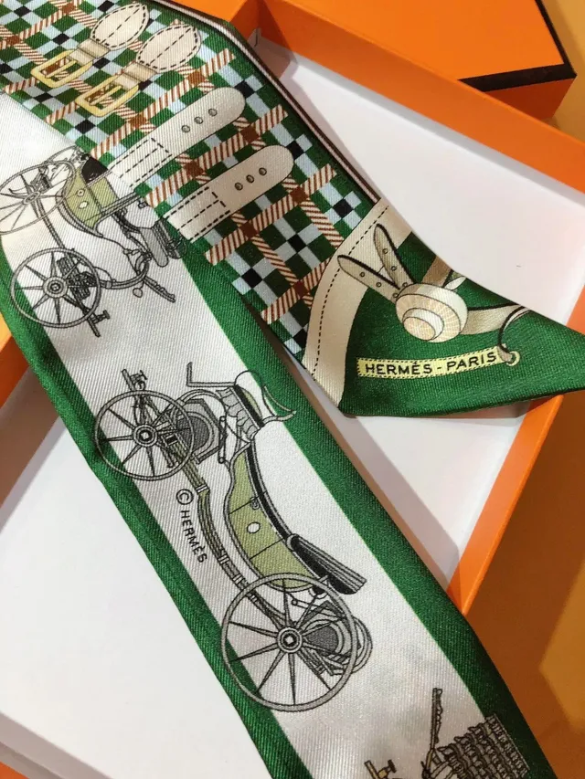 Hermès Les Voitures Nouvelles Twilly écharpe de soie verte imprimée 6