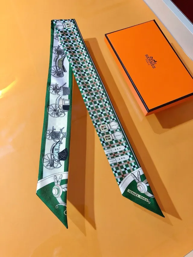 Hermès Les Voitures Nouvelles Twilly écharpe de soie verte imprimée 9