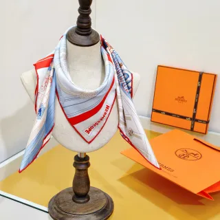 Hermès 'Mystery of No. 24' 浅蓝红白丝巾