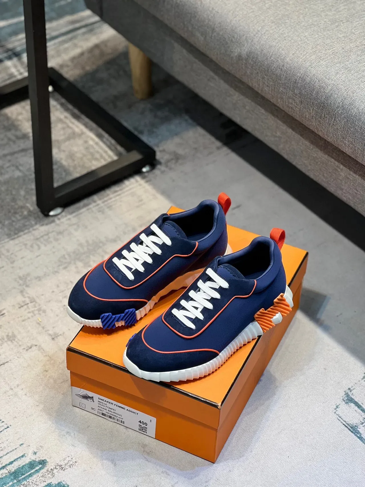 Hermès Navy Orange Neoprene Upper Piping Detail Lifestyle Sneakers 2