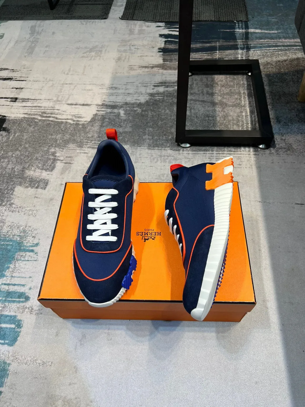 Hermès Navy Orange Neoprene Upper Piping Detail Lifestyle Sneakers 5