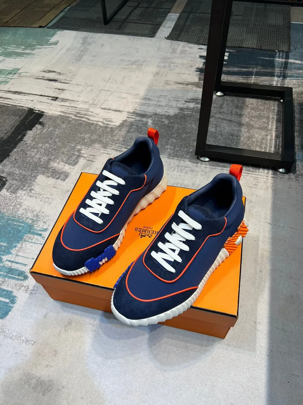Hermès Navy Orange Neoprene Upper Piping Detail Lifestyle Sneakers 6