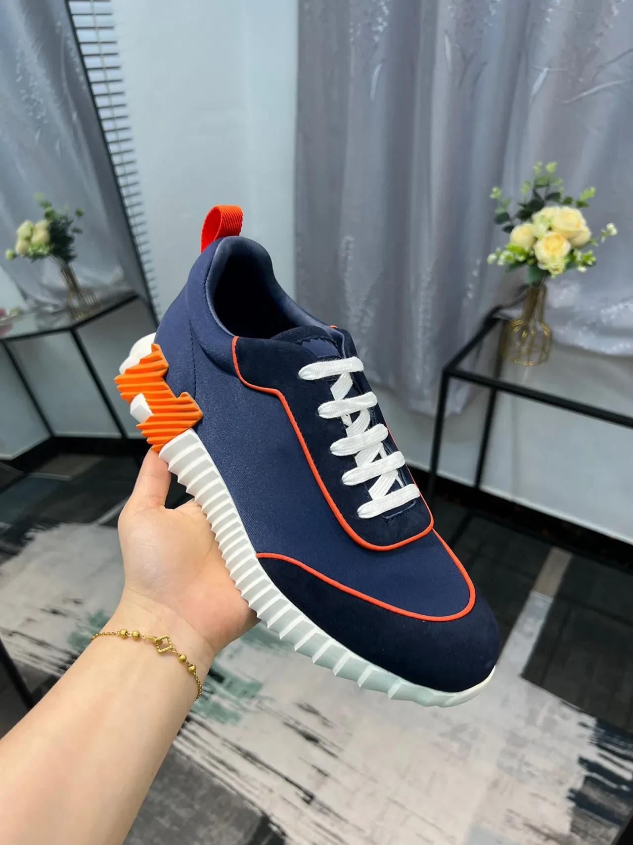 Hermès Navy Orange Neoprene Upper Piping Detail Lifestyle Sneakers 7