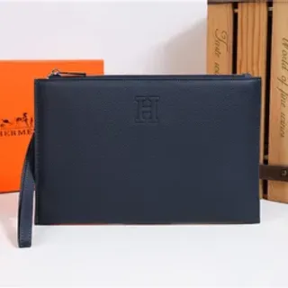 Hermès Navy Textured Pebbled Leather Embossed H Logo Wristlet