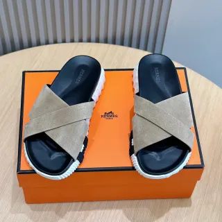 Hermès Oran Beige Suede Cross-Strap Slippers