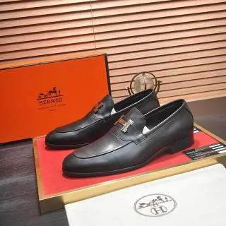 Hermès Oran Black Leather H-Buckle Loafers