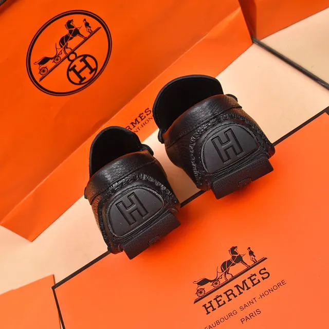 Hermès Oran Black Pebbled Leather Loafers 2