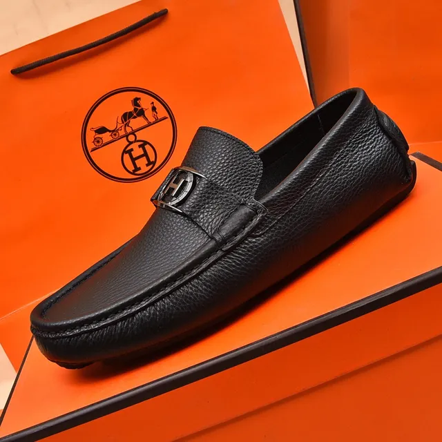 Hermès Oran Black Pebbled Leather Loafers 6