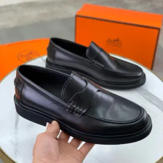 Hermès Oran Black Polished Leather Penny Loafer