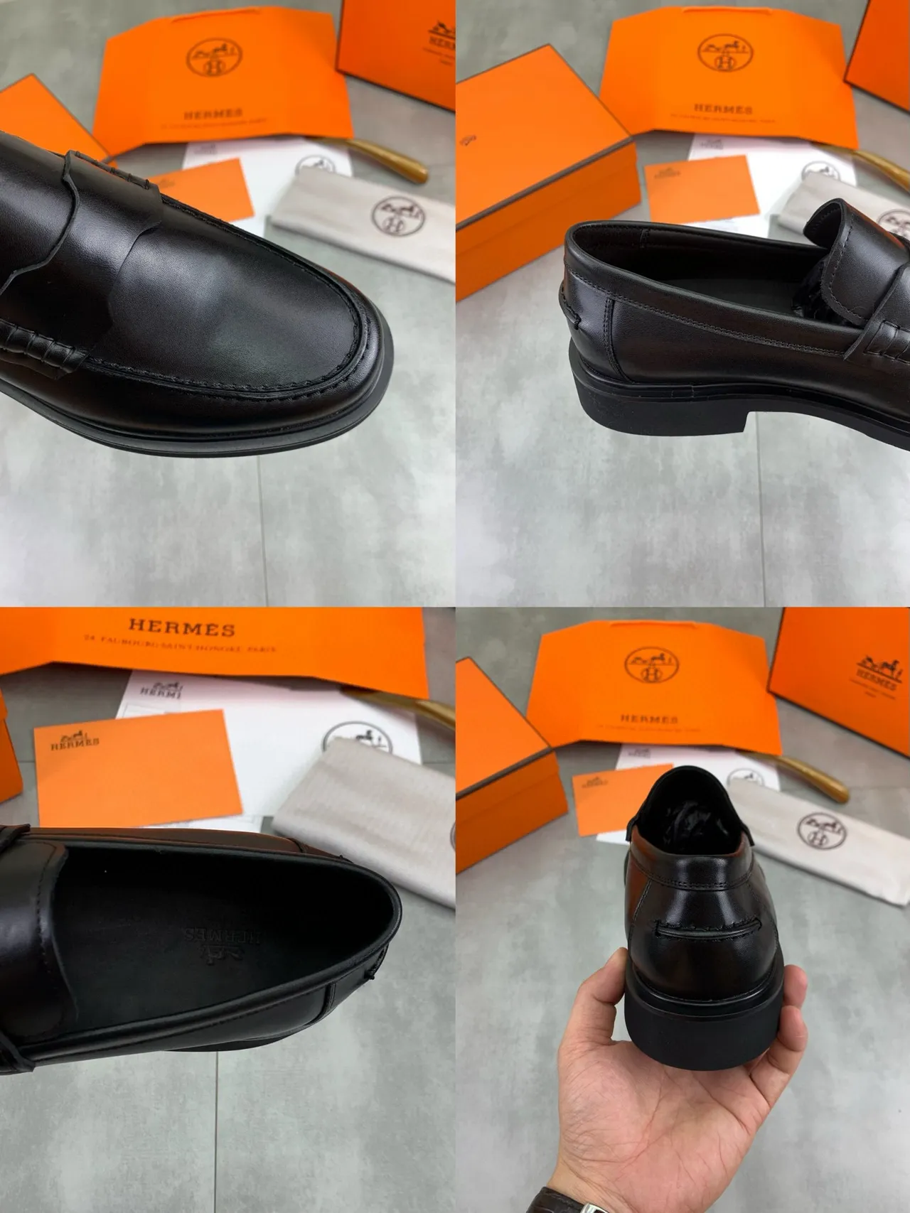 Hermès Oran Black Polished Leather Penny Loafer 6