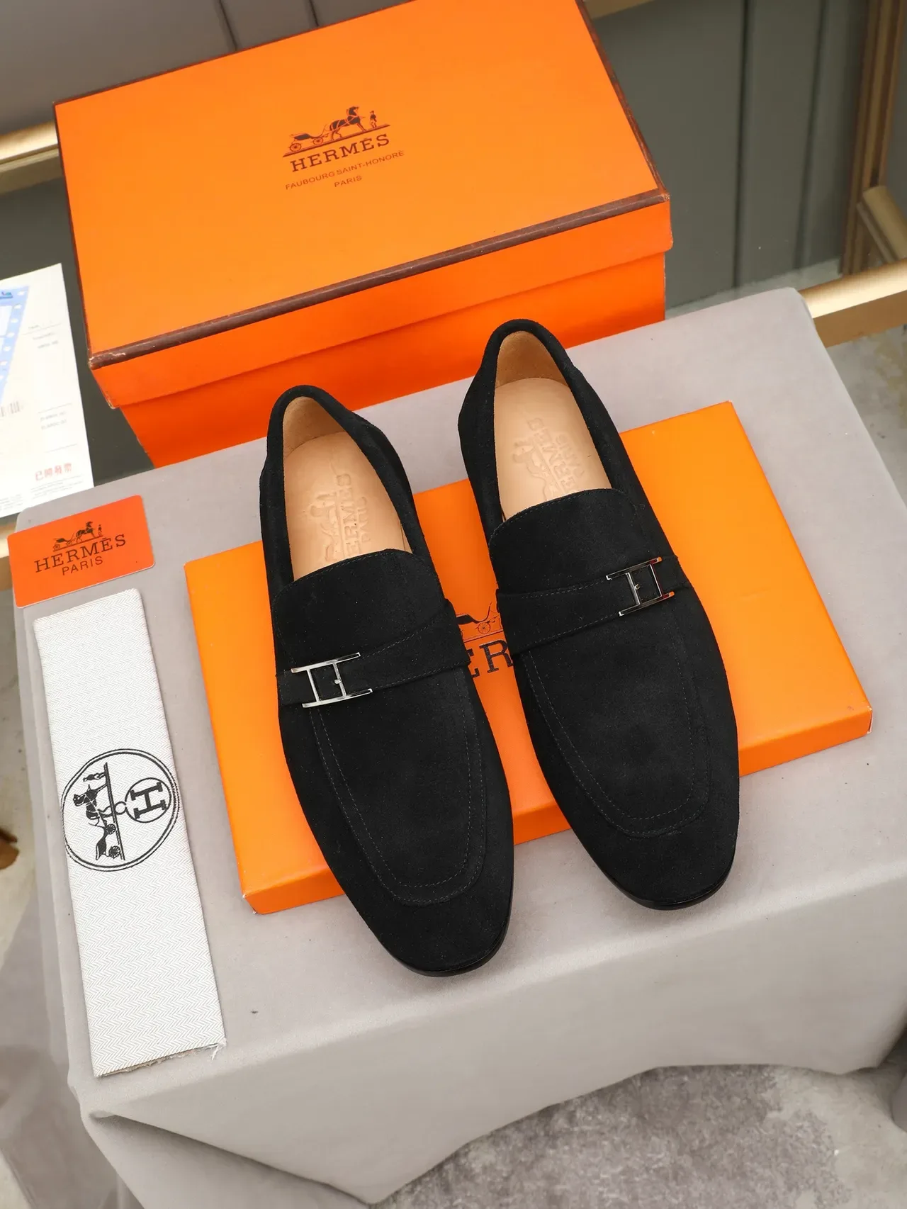 Hermès Oran Black Suede H-Buckle Loafer 2