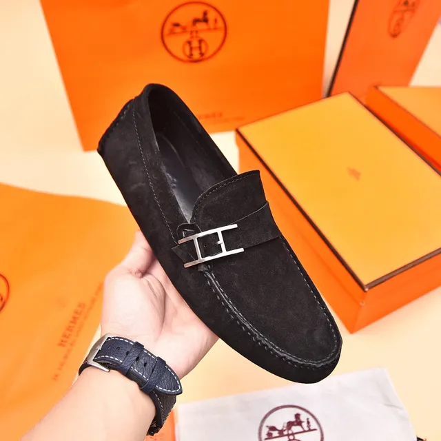 Hermès Oran Black Suede H-Buckle Loafers 5