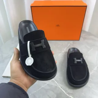 Hermès Oran Black Suede H-Logo Strap Loafers