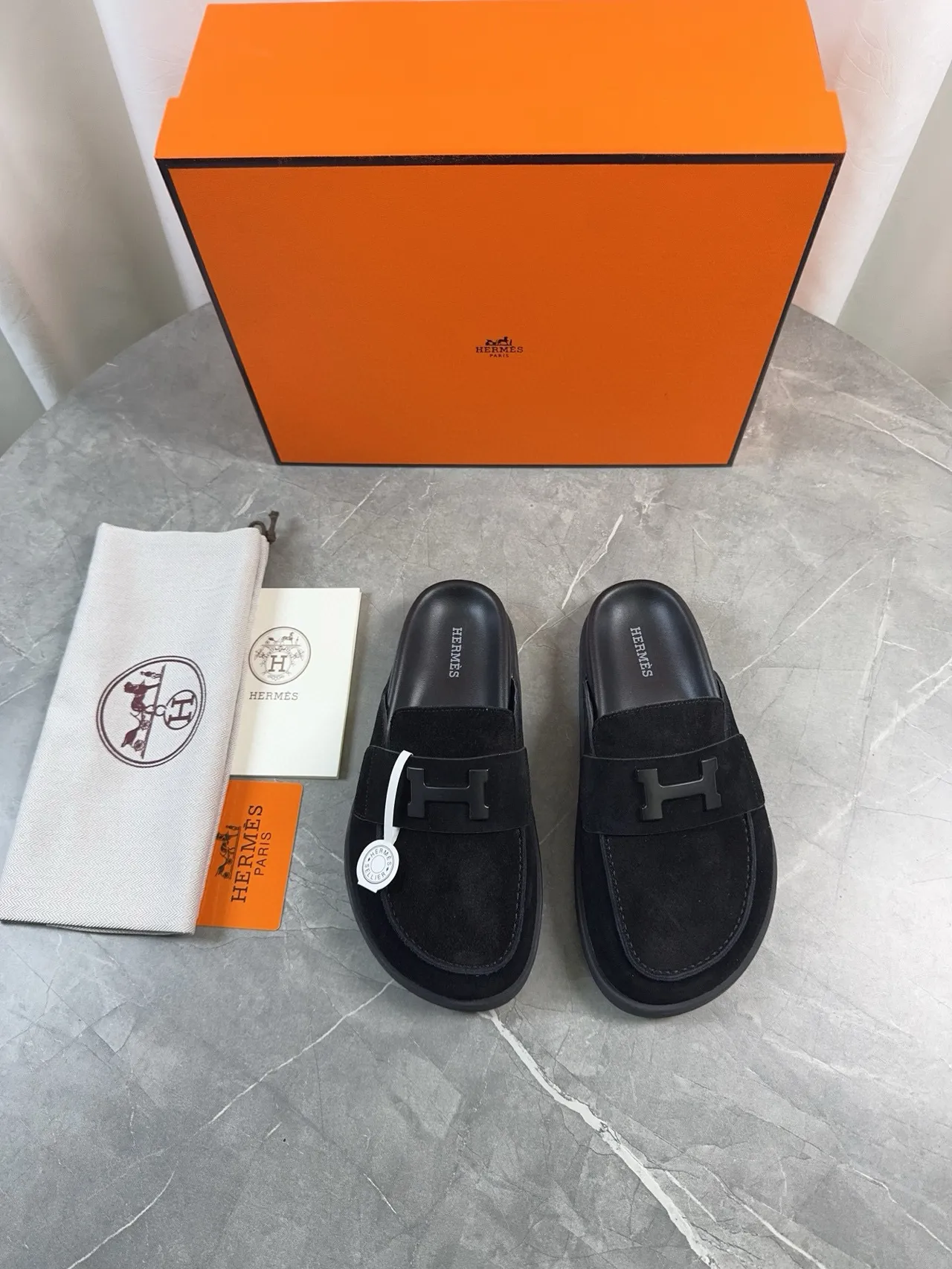 Hermès Oran Black Suede H-Logo Strap Loafers 2