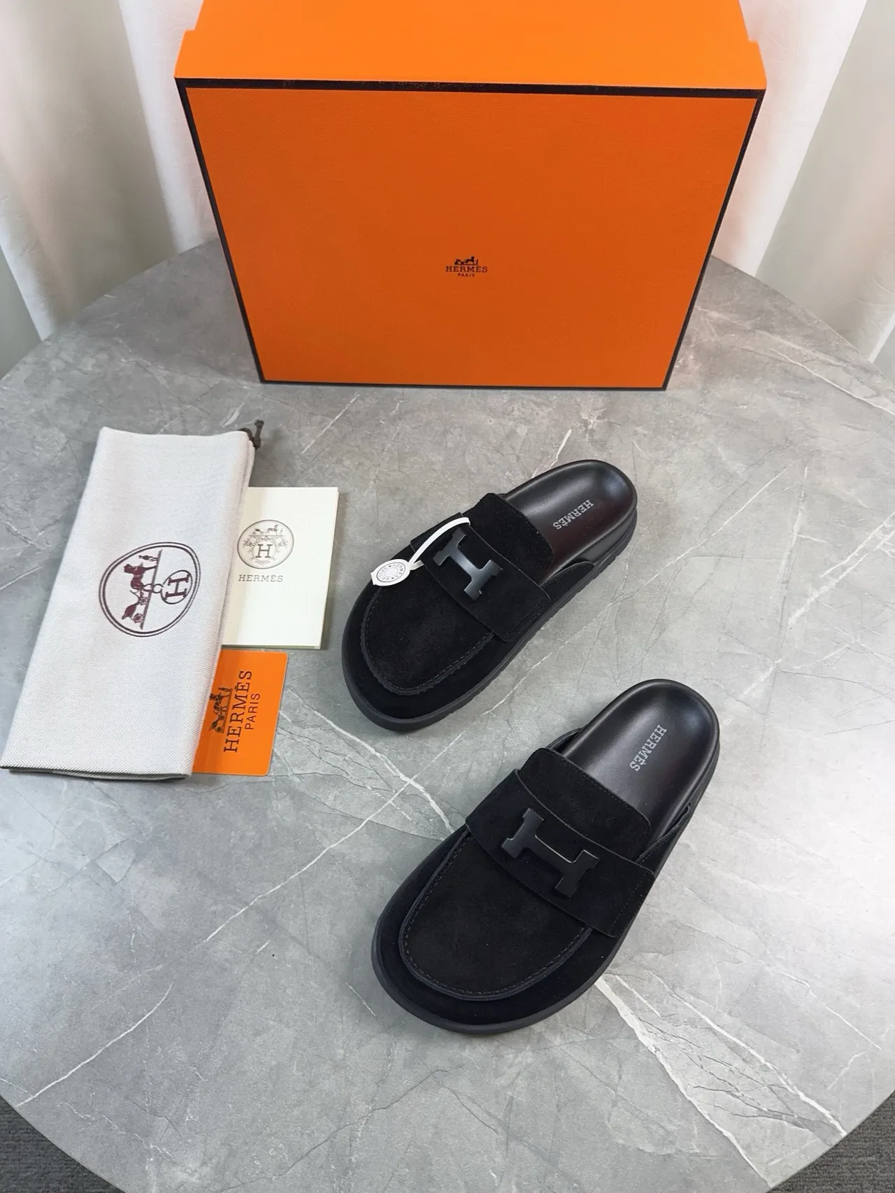 Hermès Oran Black Suede H-Logo Strap Loafers 4