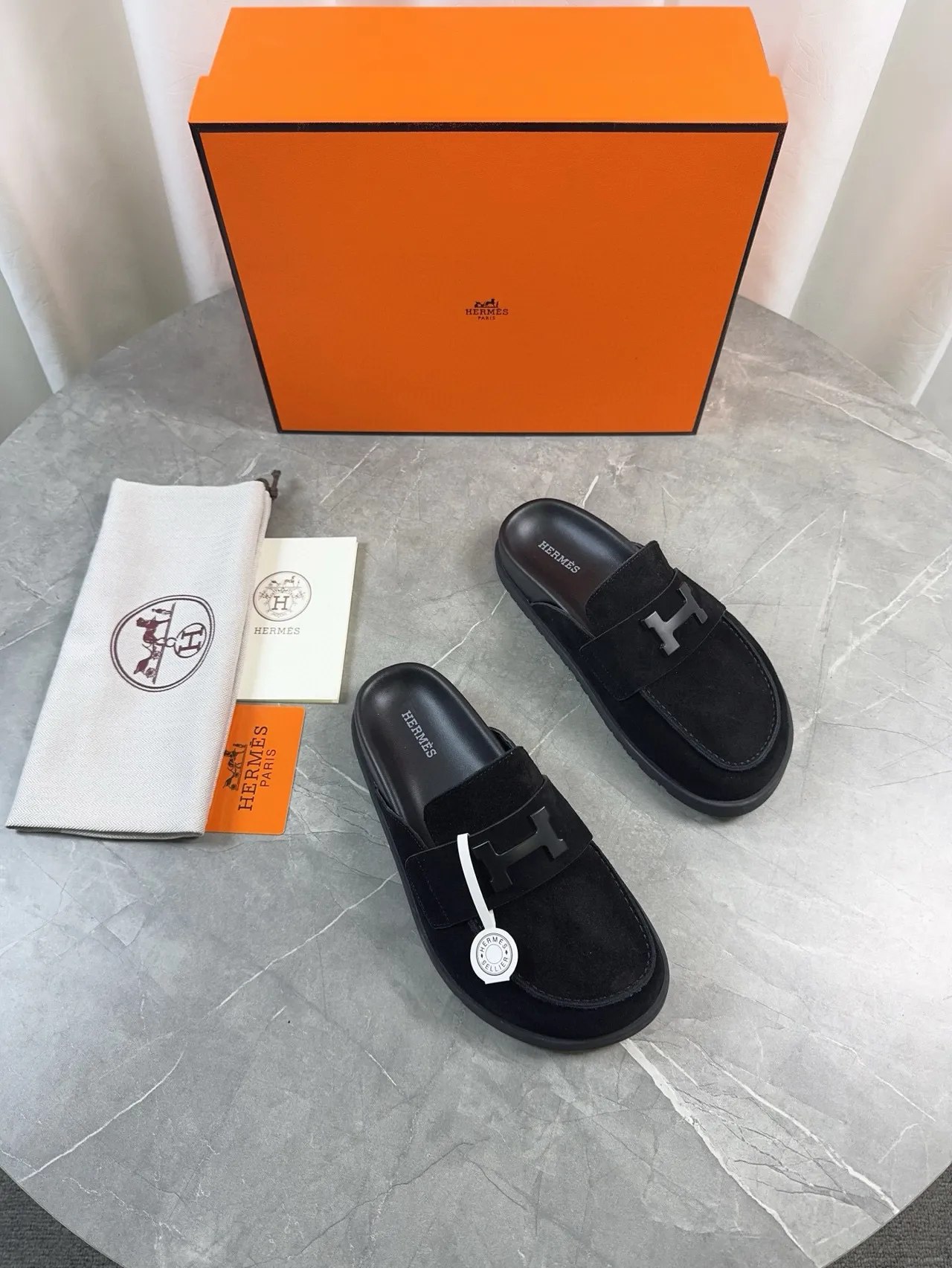 Hermès Oran Black Suede H-Logo Strap Loafers 6