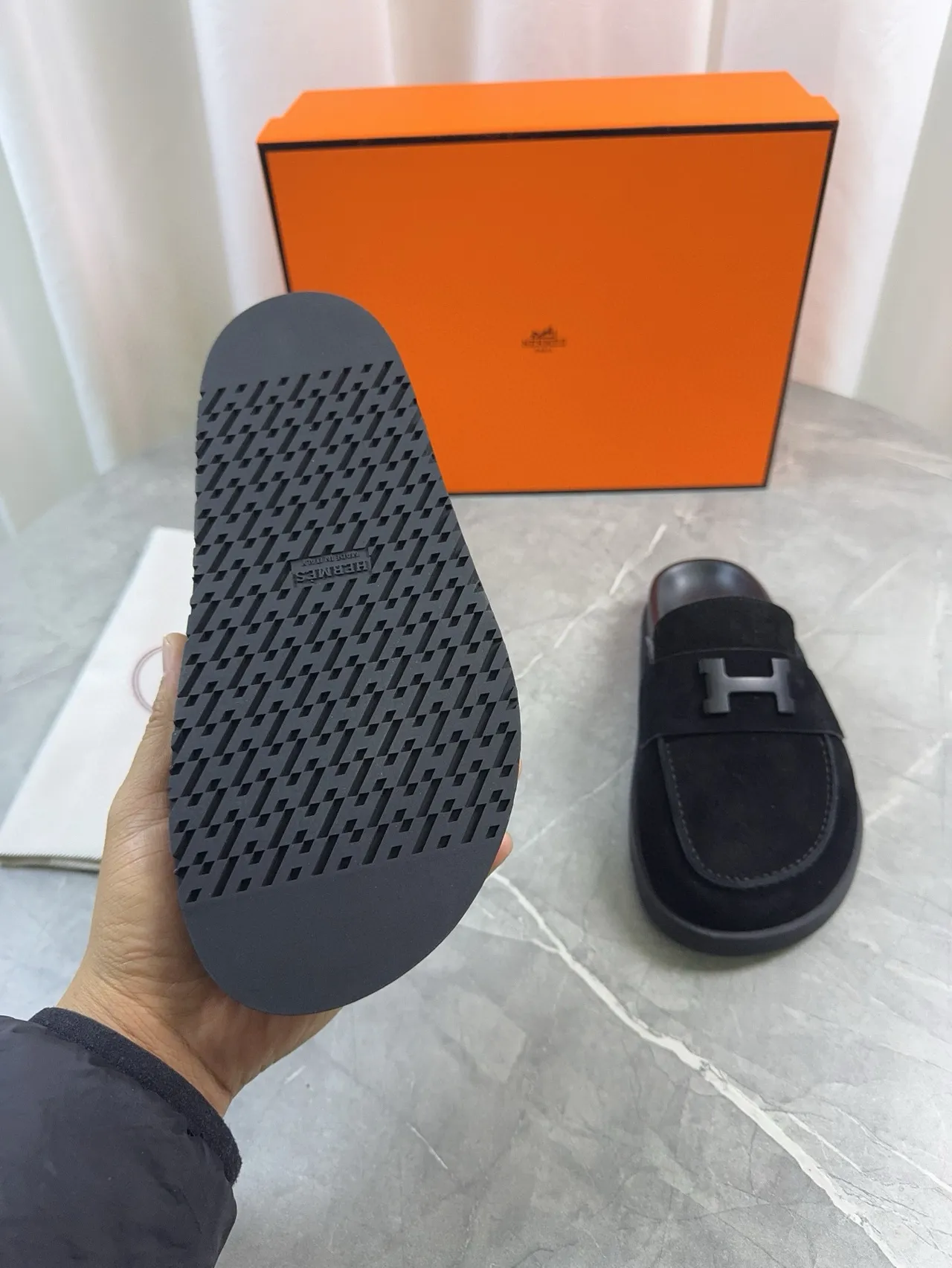 Hermès Oran Black Suede H-Logo Strap Loafers 8